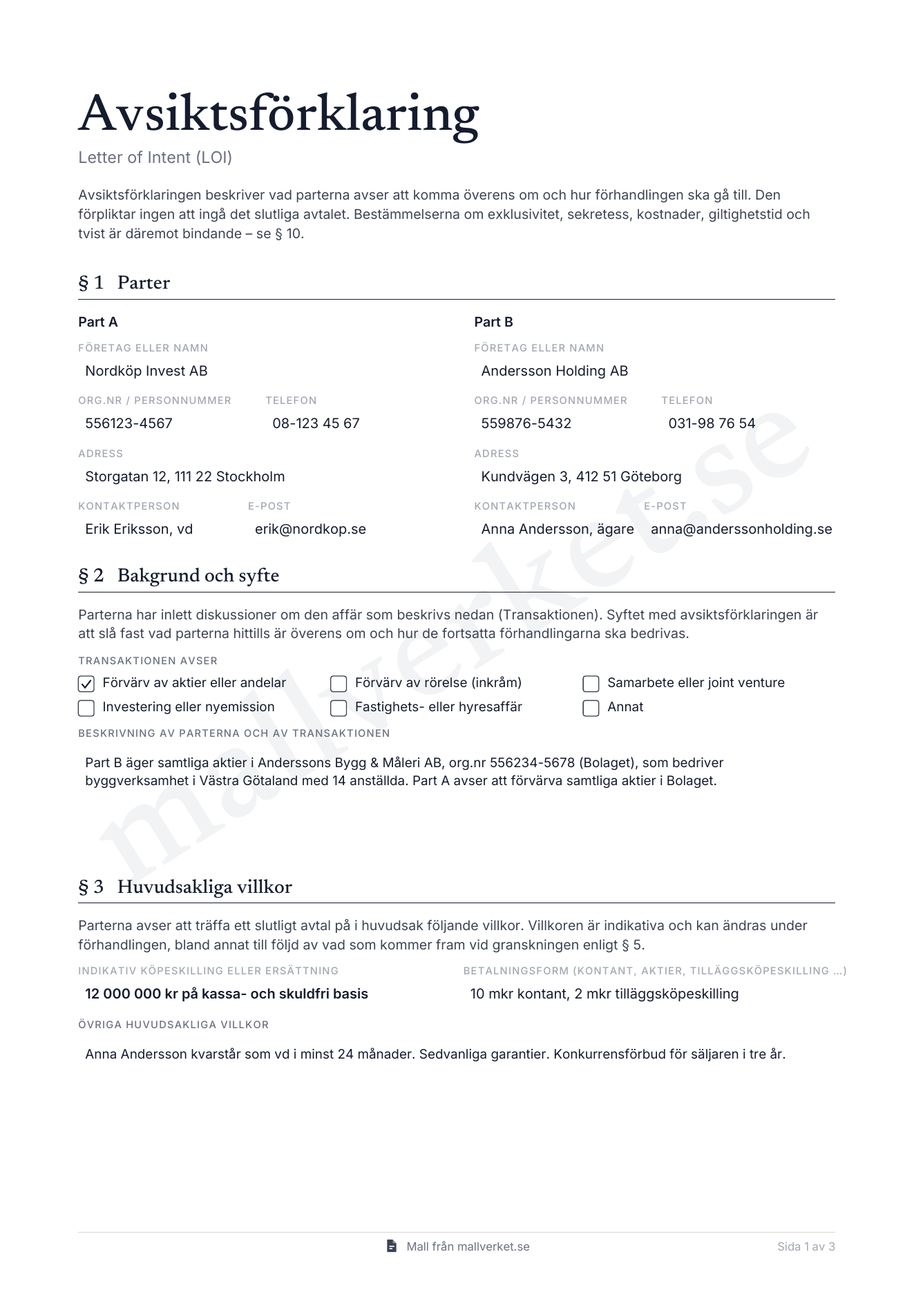 Förhandsgranskning av Avsiktsförklaring (Letter of Intent)