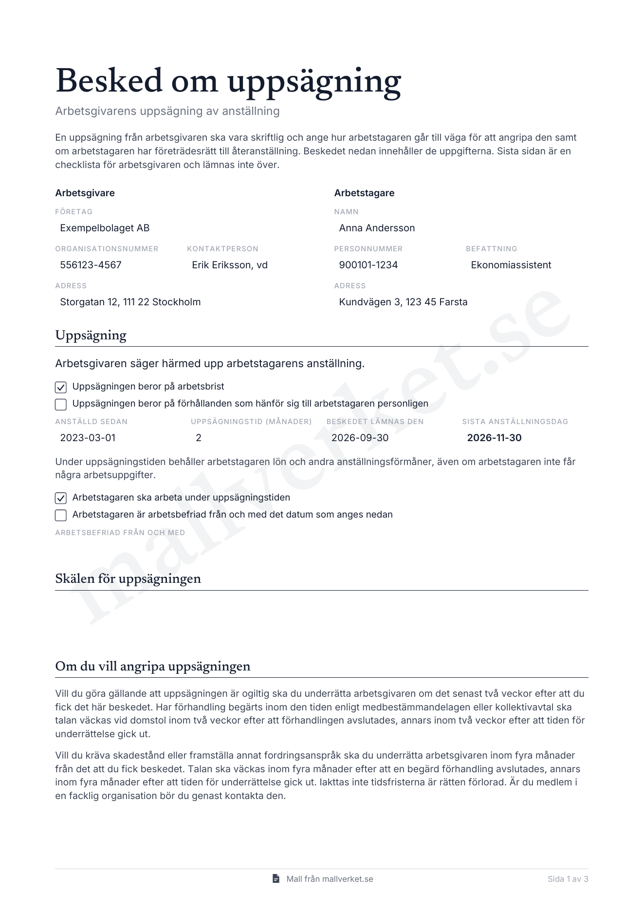 Förhandsgranskning av Besked om uppsägning