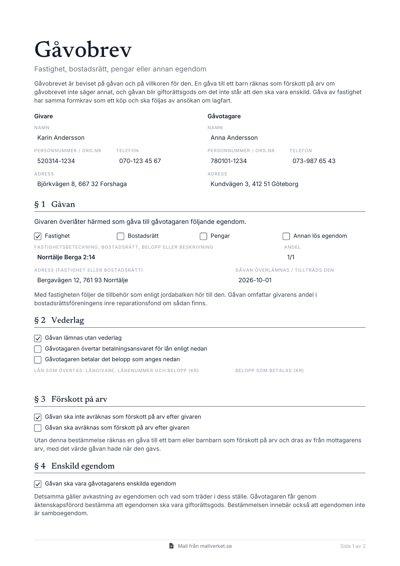 Förhandsgranskning av Gåvobrev